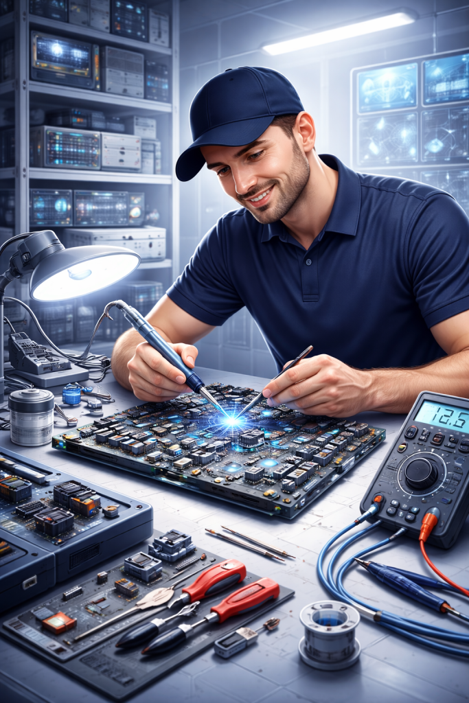 technik przy pracy nad płytą główną